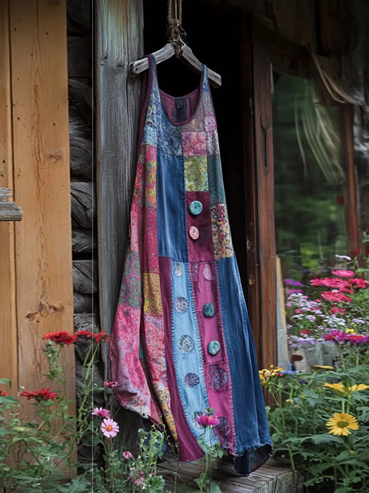 Vintage Bohemian Denim Patch Sleeveless Dress