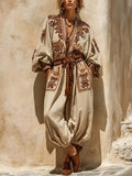 Women's Vintage Art Print V-neck Long Sleeve Cotton Linen Jumpsuit