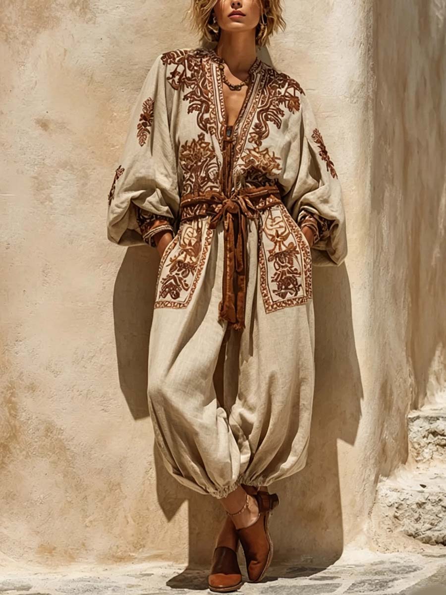 Women's Vintage Art Print V-neck Long Sleeve Cotton Linen Jumpsuit