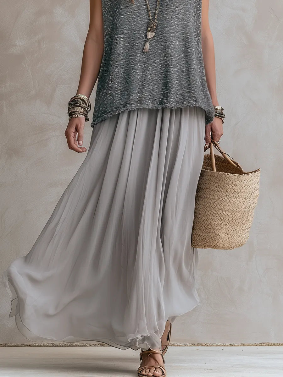 Elegant Gray Knit Top And Chiffon Skirt Set