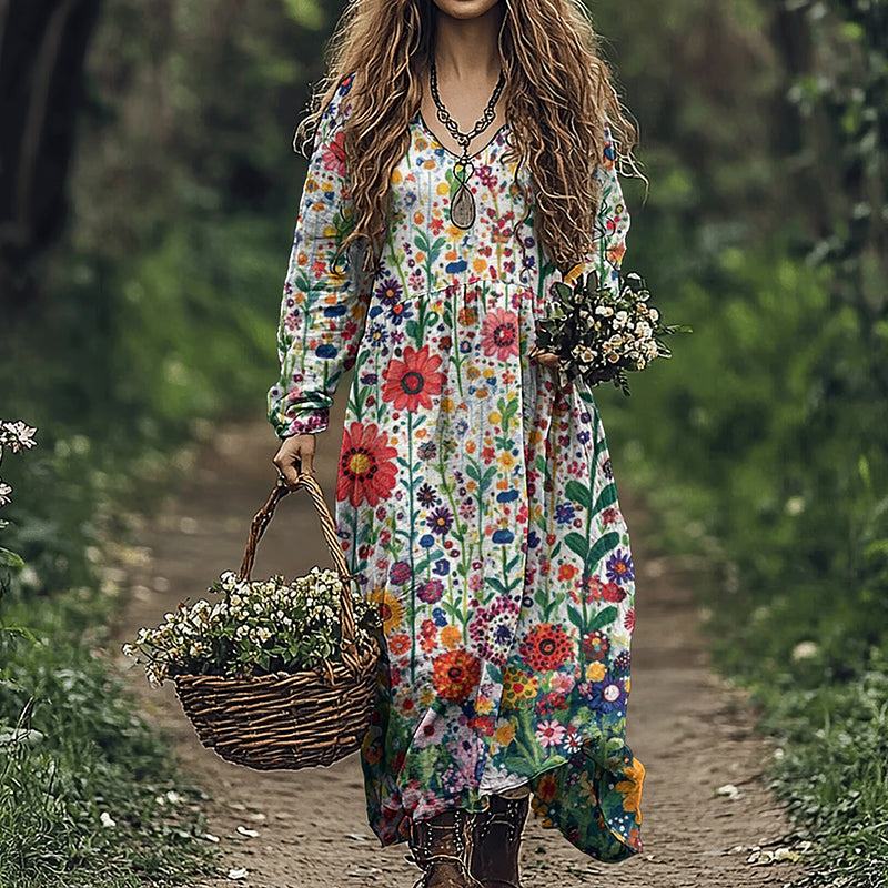 Women's Vintage Flowers Embroidered Linen Blend Maxi Dress