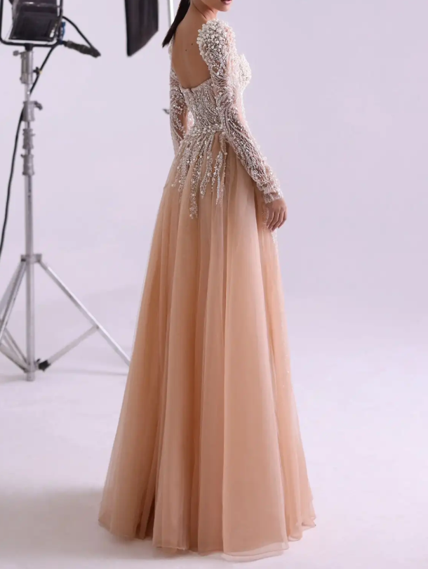 Champagne Gold Radial Rhinestone Long-Sleeve Maxi Dress