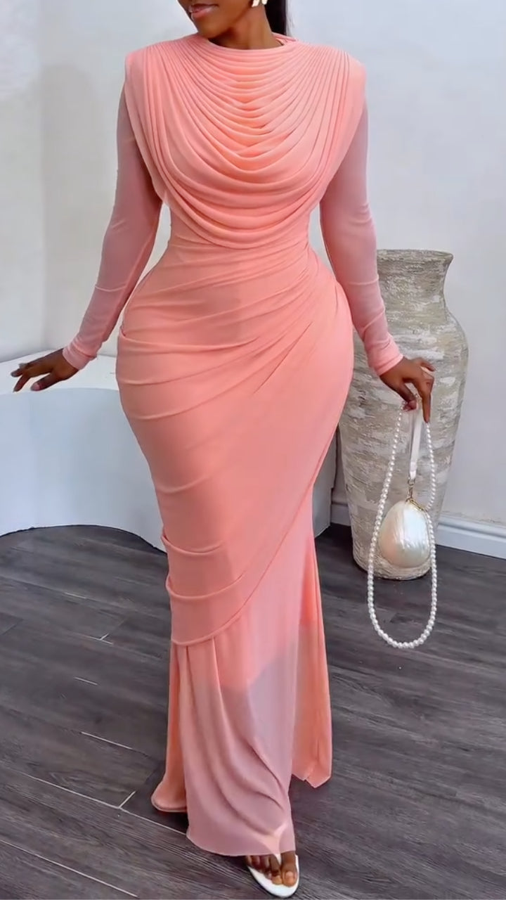 Draped Mesh Sleeve Formal Maxi Dress