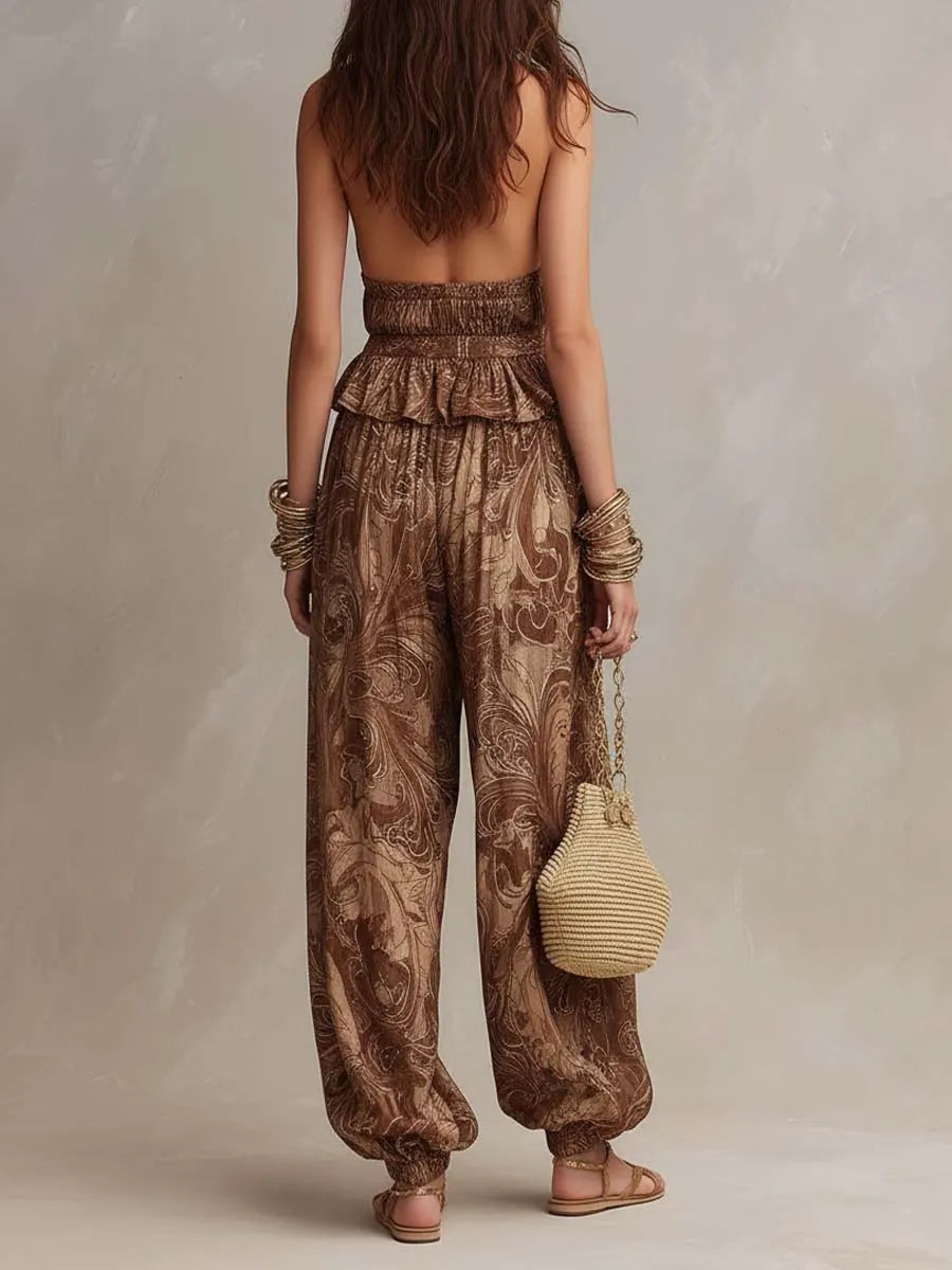 Bohemian Baroque Print Halter Top & Harem Pants Two-Piece Set
