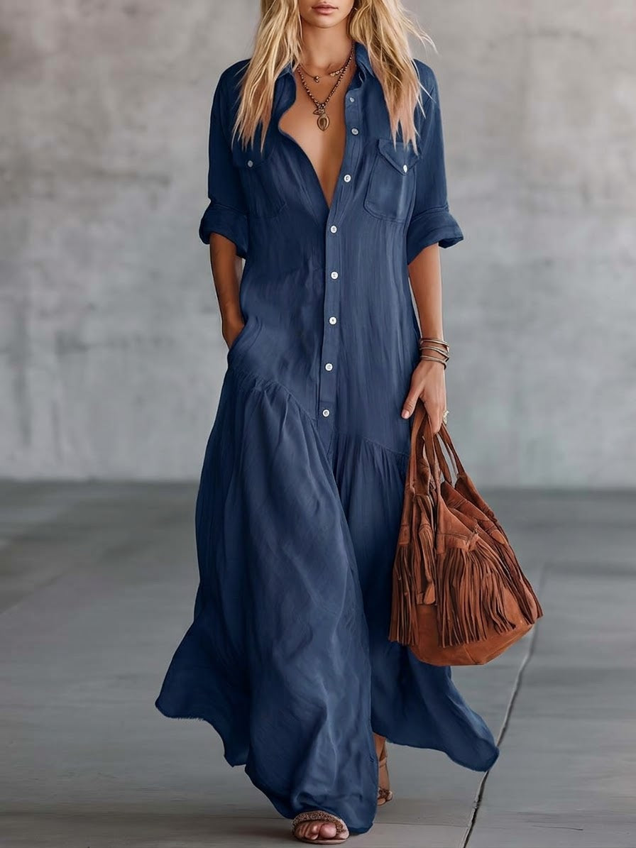 Casual Linen And Cotton Maxi Shirt Dress