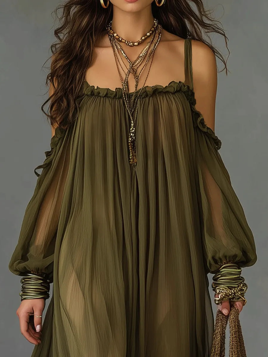 Stylish Olive Off-Shoulder Long Dress