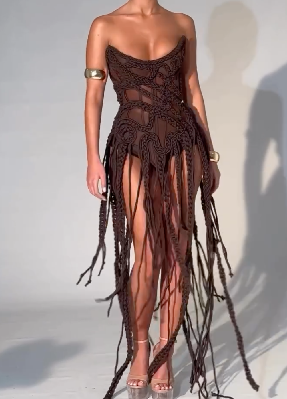Brown Macramé Strapless Mini Dress with Braided Fringe Tassels