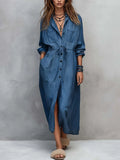 Vintage-style Long Sleeves Denim Shirt Midi Dress