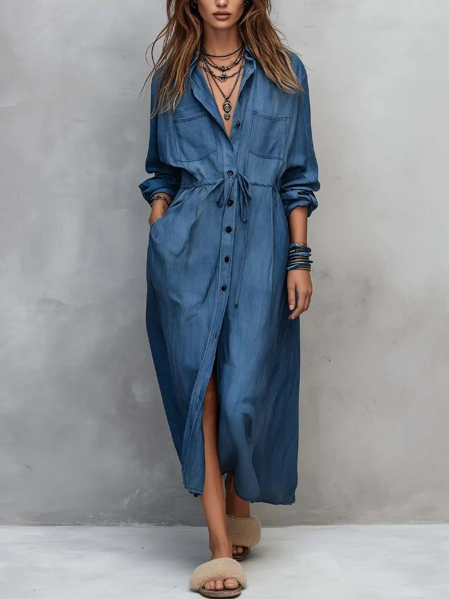 Vintage-style Long Sleeves Denim Shirt Midi Dress