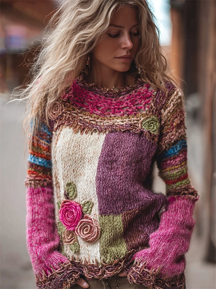Boho Roses Crochet Colorblock Cozy Knit Sweater