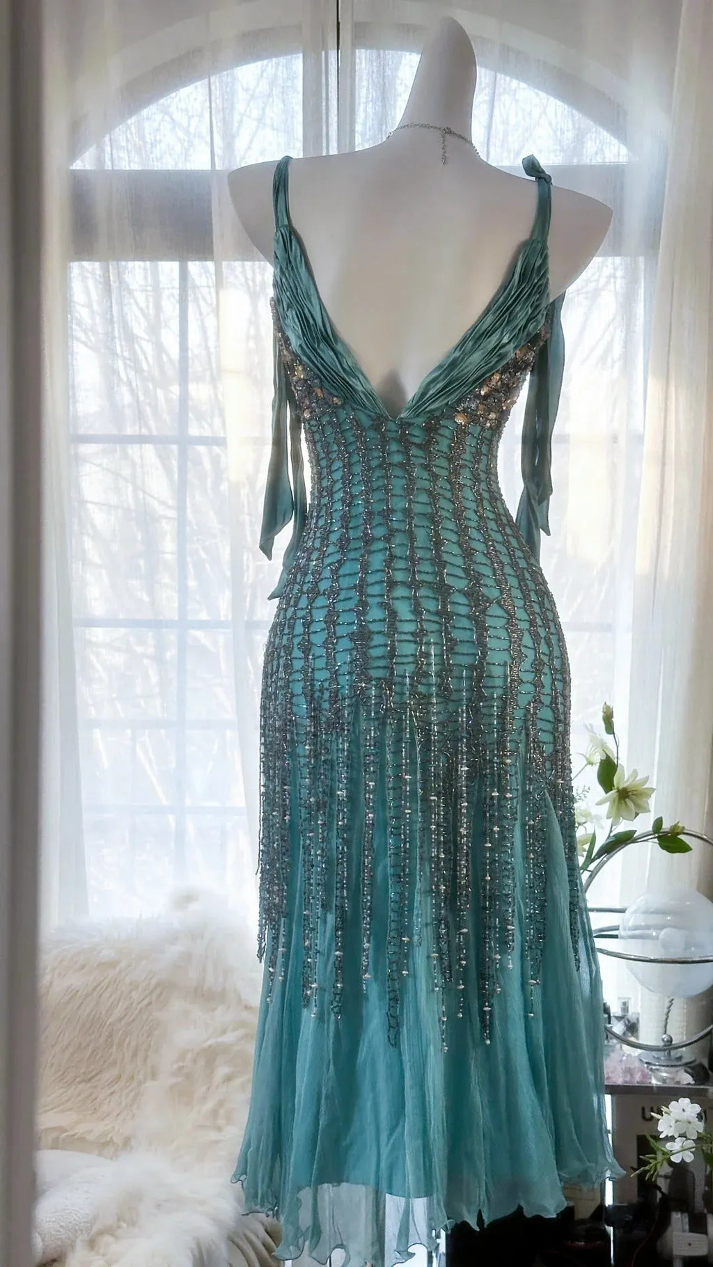 Green Luxury Gorgeous Retro Fashion Exquisite Tassel Beaded Mid-Length Chiffon Ball Gown Birthday Party Dress Evening Dress Prom Dress 3973