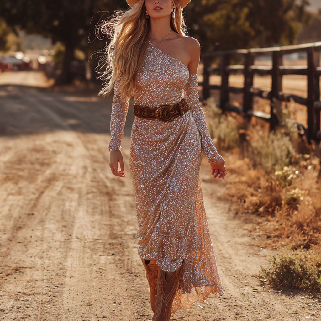 Women's Vintage Golden Sparkle Maxi Dress