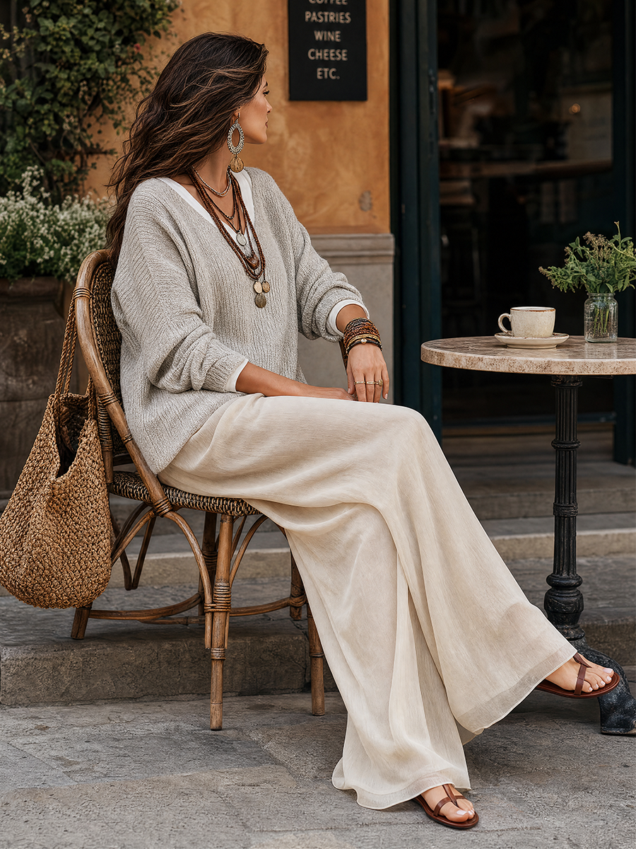 Relaxed Coastal Knit Sweater & Palazzo Pants Outfit Set