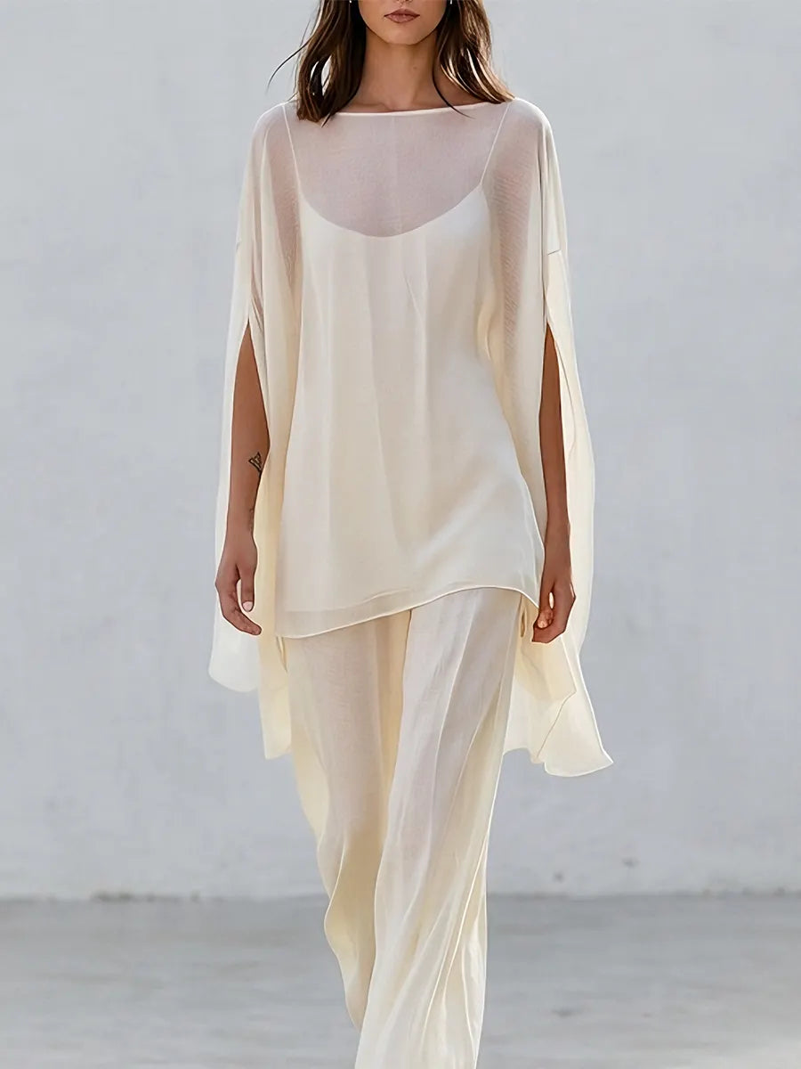 Resort Sheer Kaftan Top With Flowing Wide Leg Trousers Set