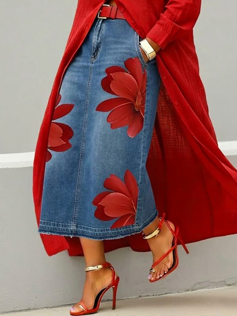 Casual Artistic Floral-print Denim Skirt