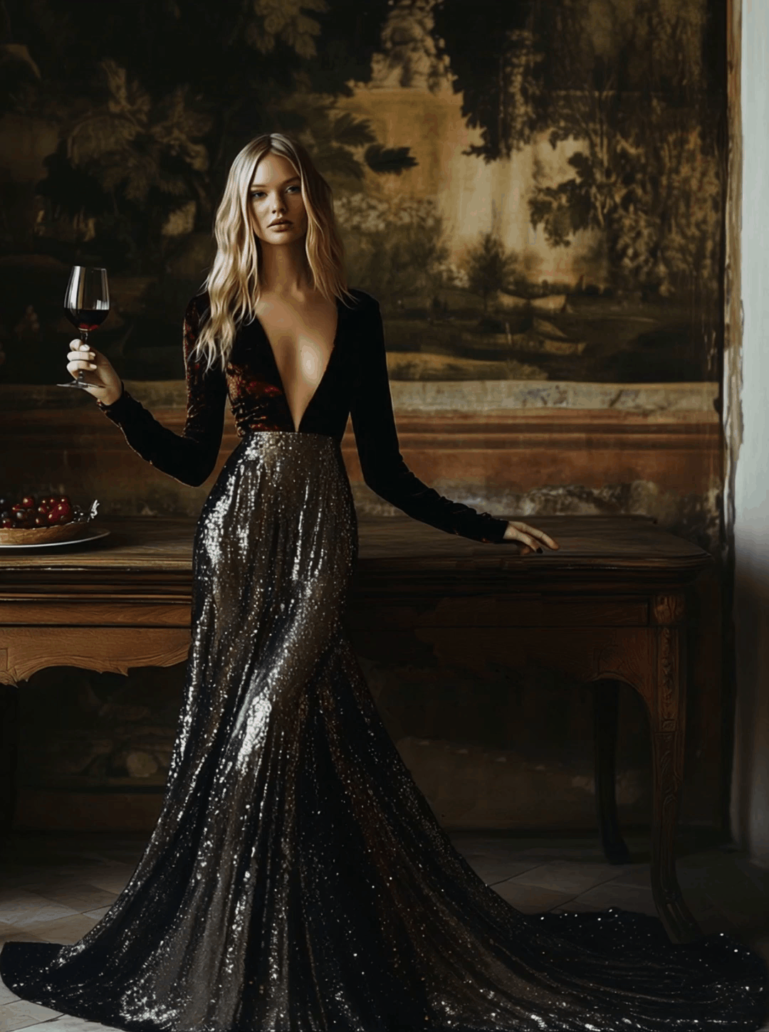 [24-hour shipping out]V-Neck Stylish Elegant Solid Color Velvet Sequined Long Maxi Dress