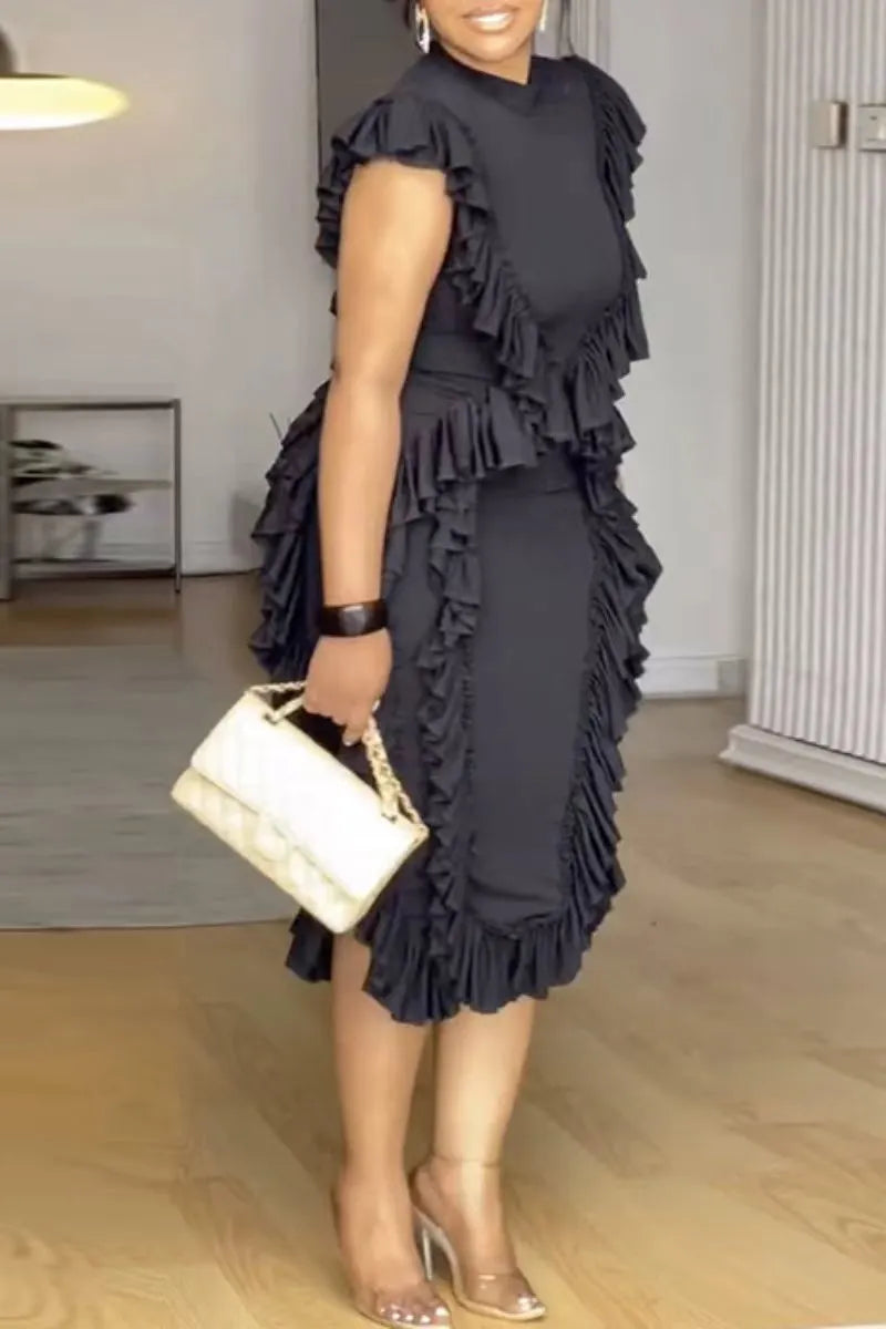 Black Ruffle-Trimmed Midi Dress