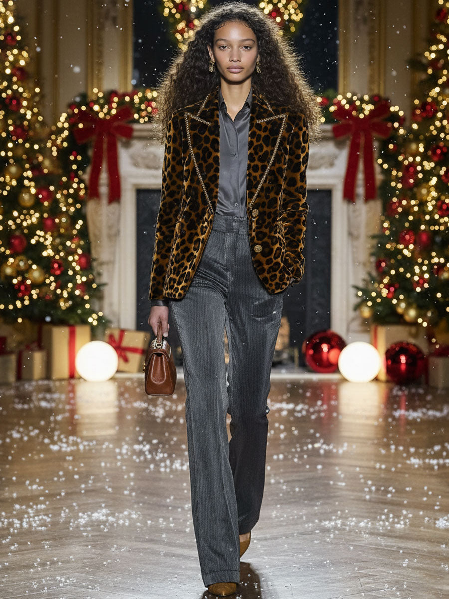 [24-hour shipping out]Casual Fashion Velvet Leopard Print Lapel Gold Edge Blazer