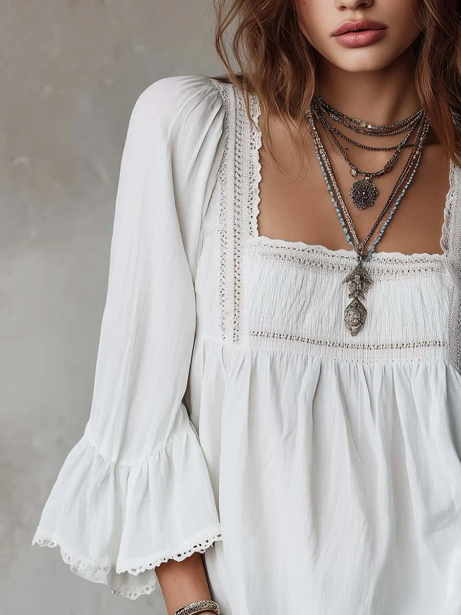 Retro Lace Trim Square-Neck RuffleCotton-Linen Blouse
