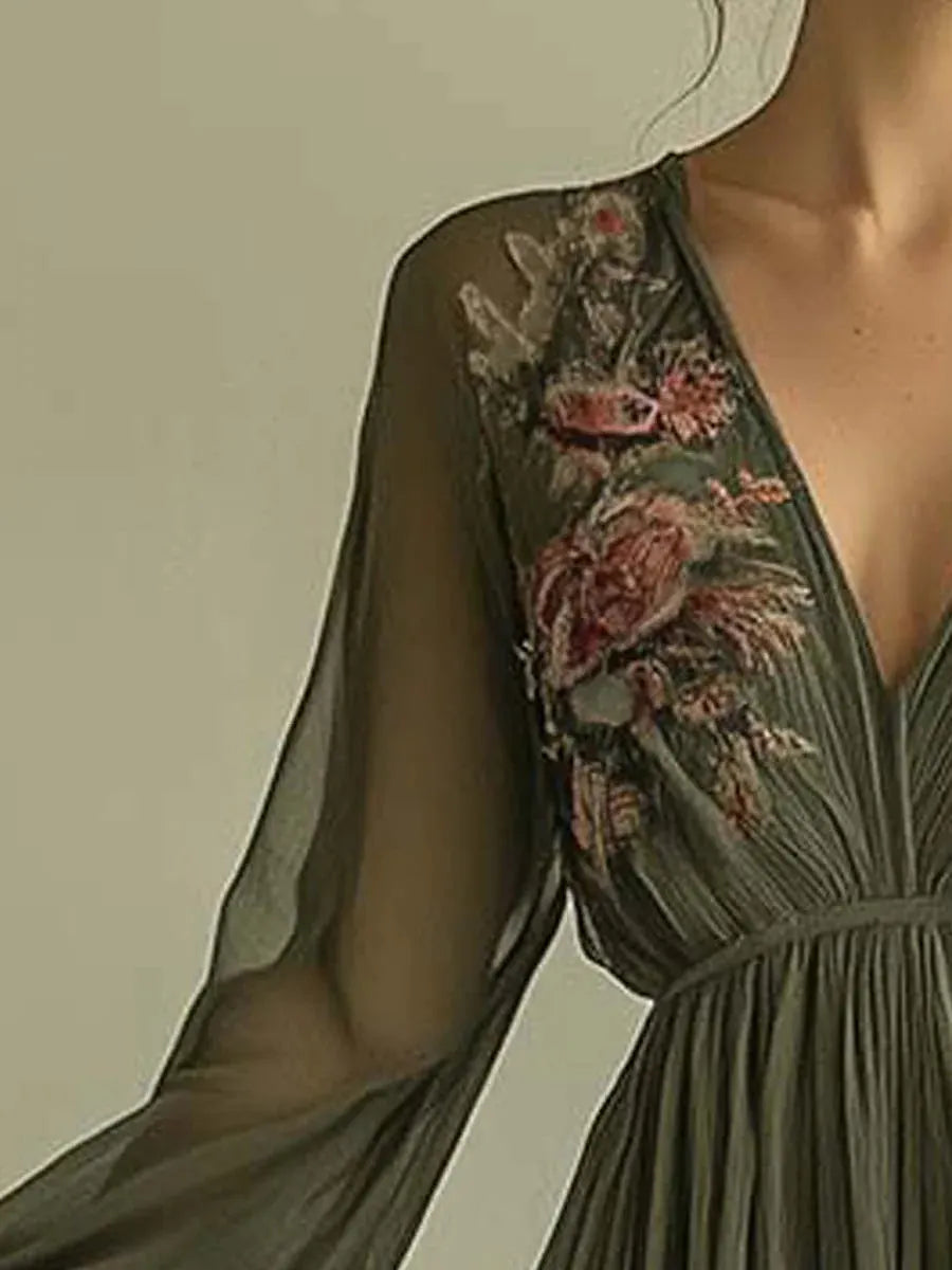 Vintage 3D Floral Print Maxi Dress - Elegant V-Neck Long Sleeve Boho Garden Party Gown