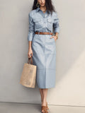 Modern Powder Blue Utility Shirt Midi Dress
