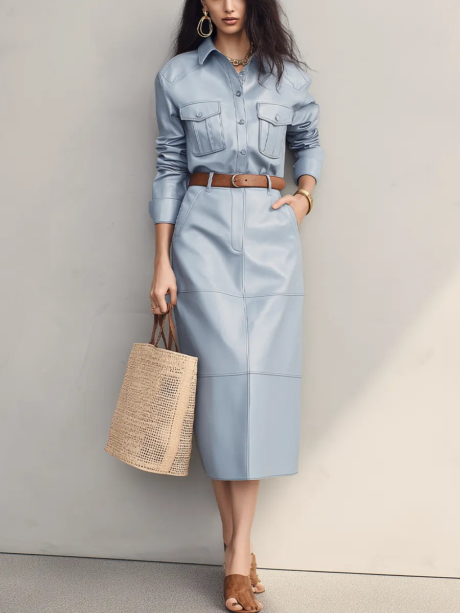 Modern Powder Blue Utility Shirt Midi Dress