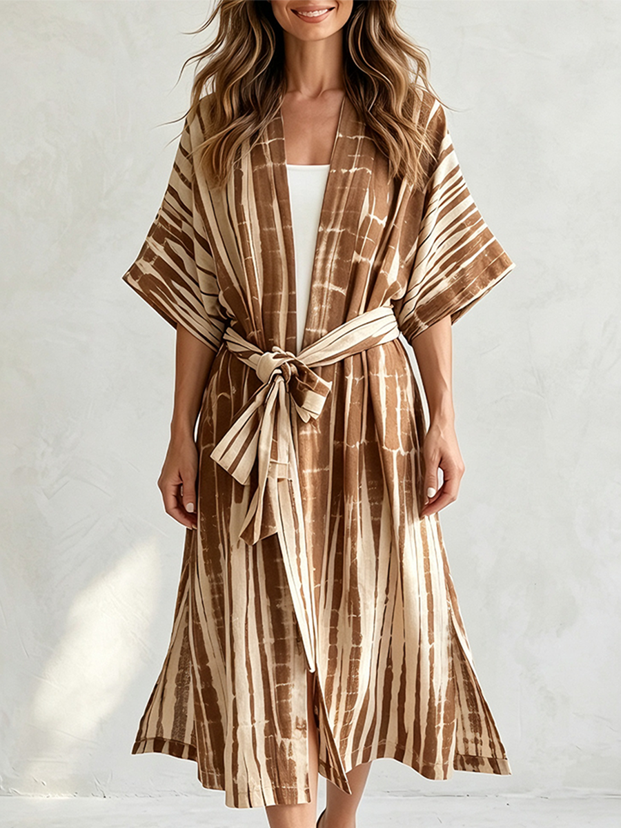 Tie-Dye Stripe Open Front Belted Kimono Cardigan