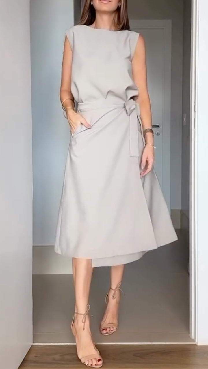 Light Gray Sleeveless Wrap Top Midi Skirt Set