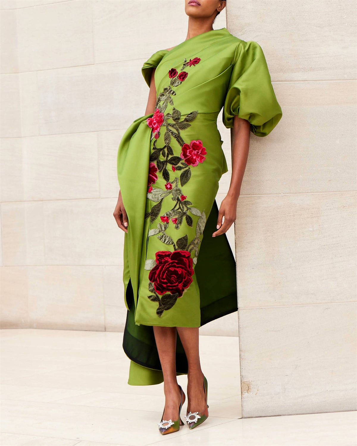 Women's Green Flower Embroidery Dress
