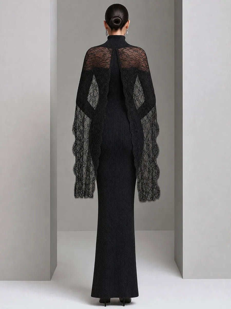 Lace Cape Ribbed Knit Maxi Dress