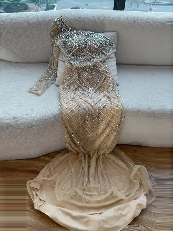 Sequinned Flower Embroidery one-shoulder asymmetric Mermaid Maxi Dresses