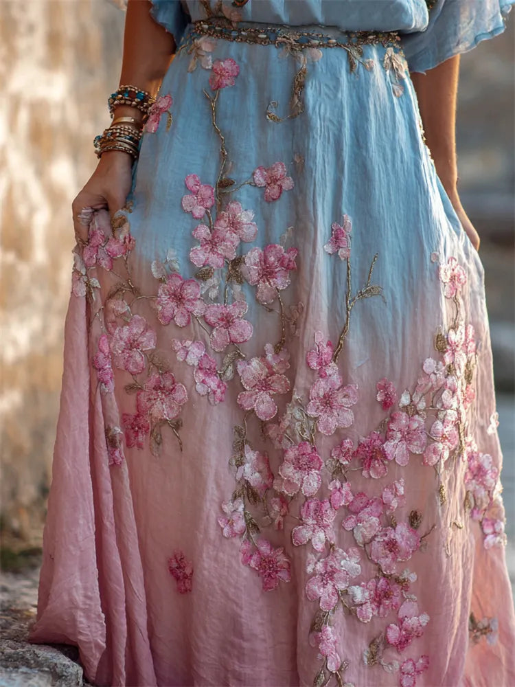 Boho Japanese Cherry Blossom Gradient Flowy Wide Skirt