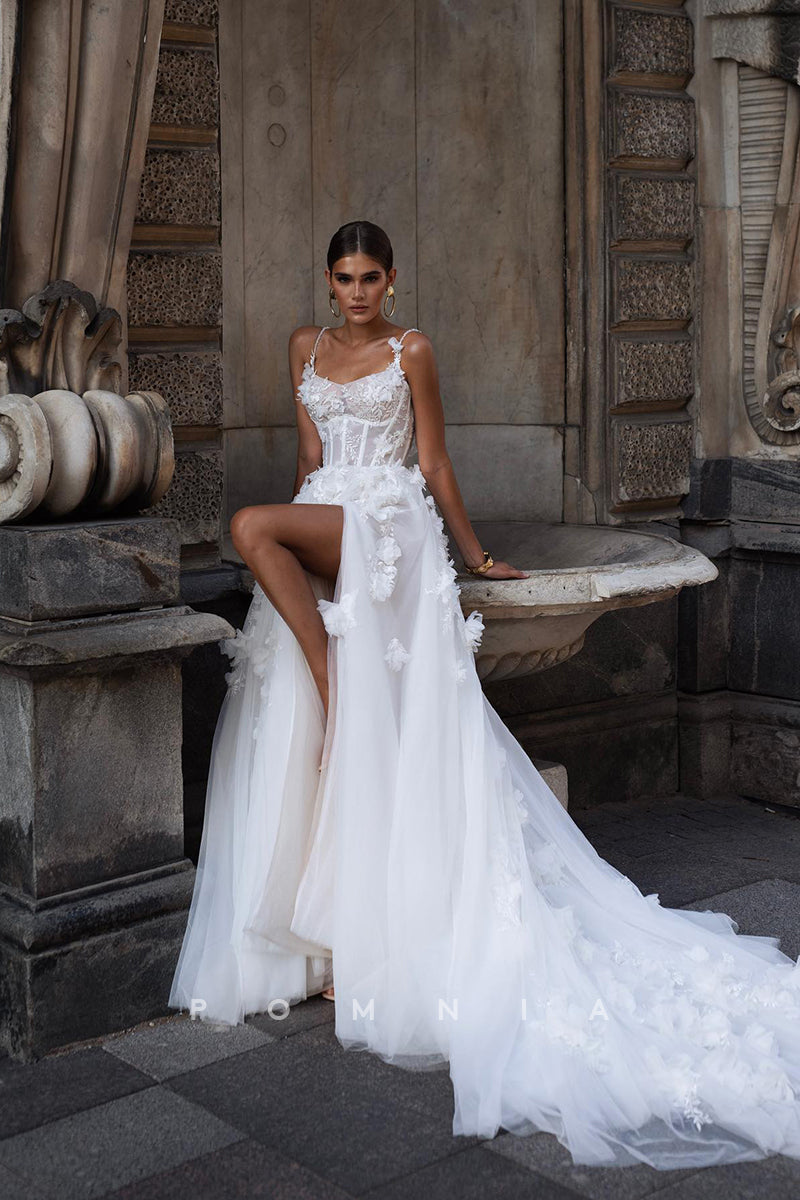 P3083 - Romantic A-Line Appliques High Split with Train Tulle Long Bohemian Wedding Dress