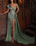 Women's Green Slit Sequin Dress