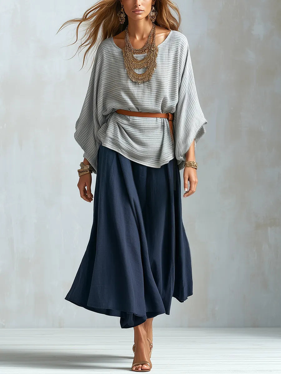 Bohemian Textured Batwing Sleeve Top And Skirt Set