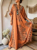 Women's Casual Loose Cotton-linen Dress With Placement Print V-neck, And 3/4 Sleeves