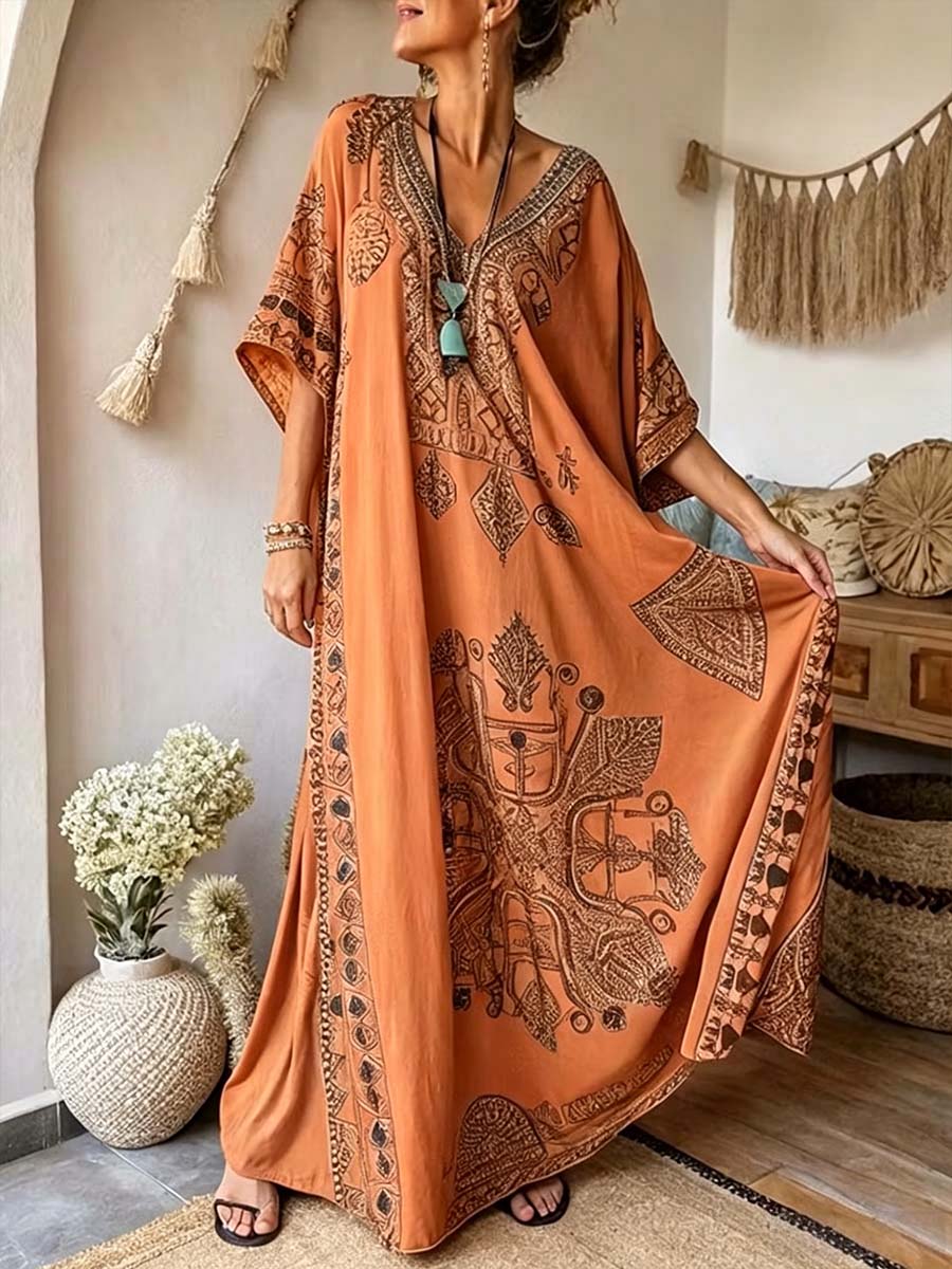 Women's Casual Loose Cotton-linen Dress With Placement Print V-neck, And 3/4 Sleeves