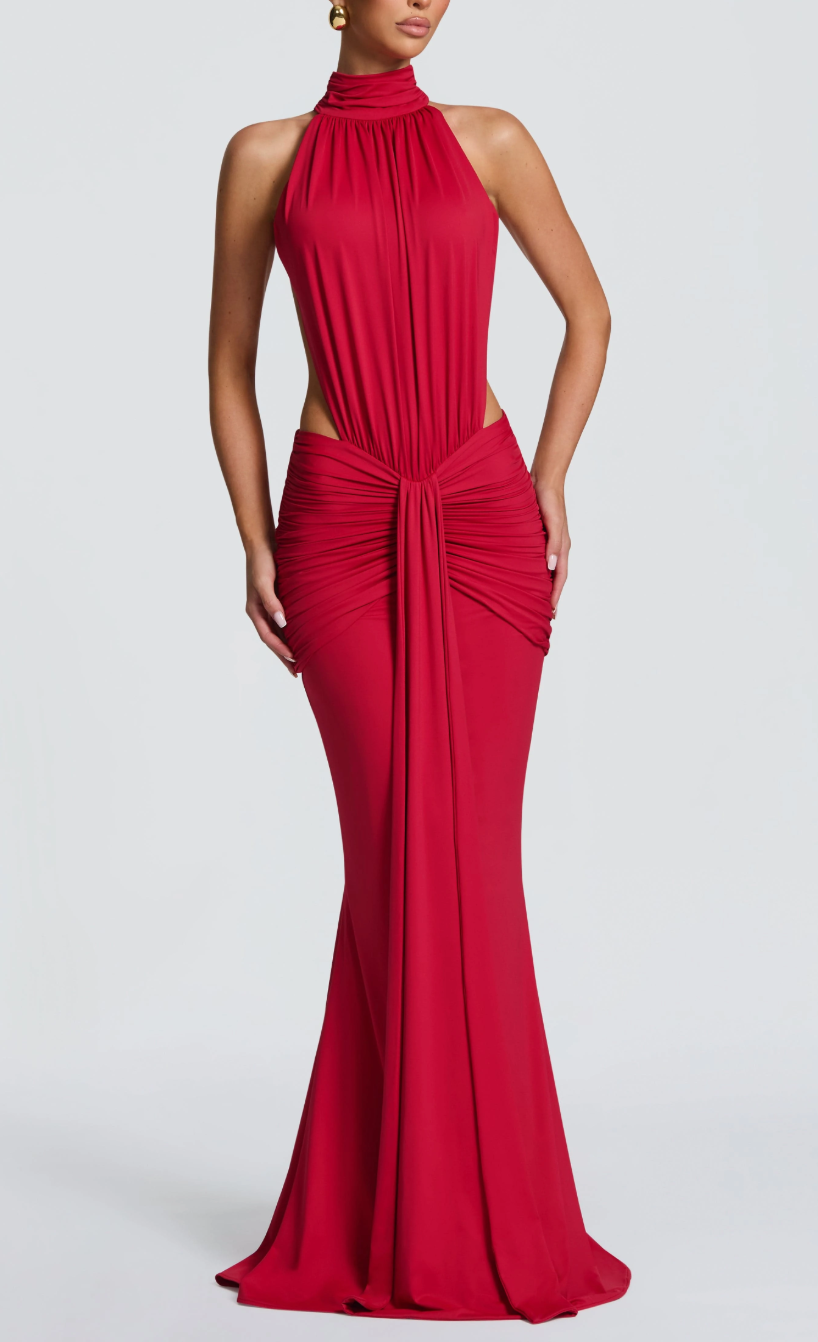 Red Halter Neck Cutout Backless Mermaid Maxi Dress