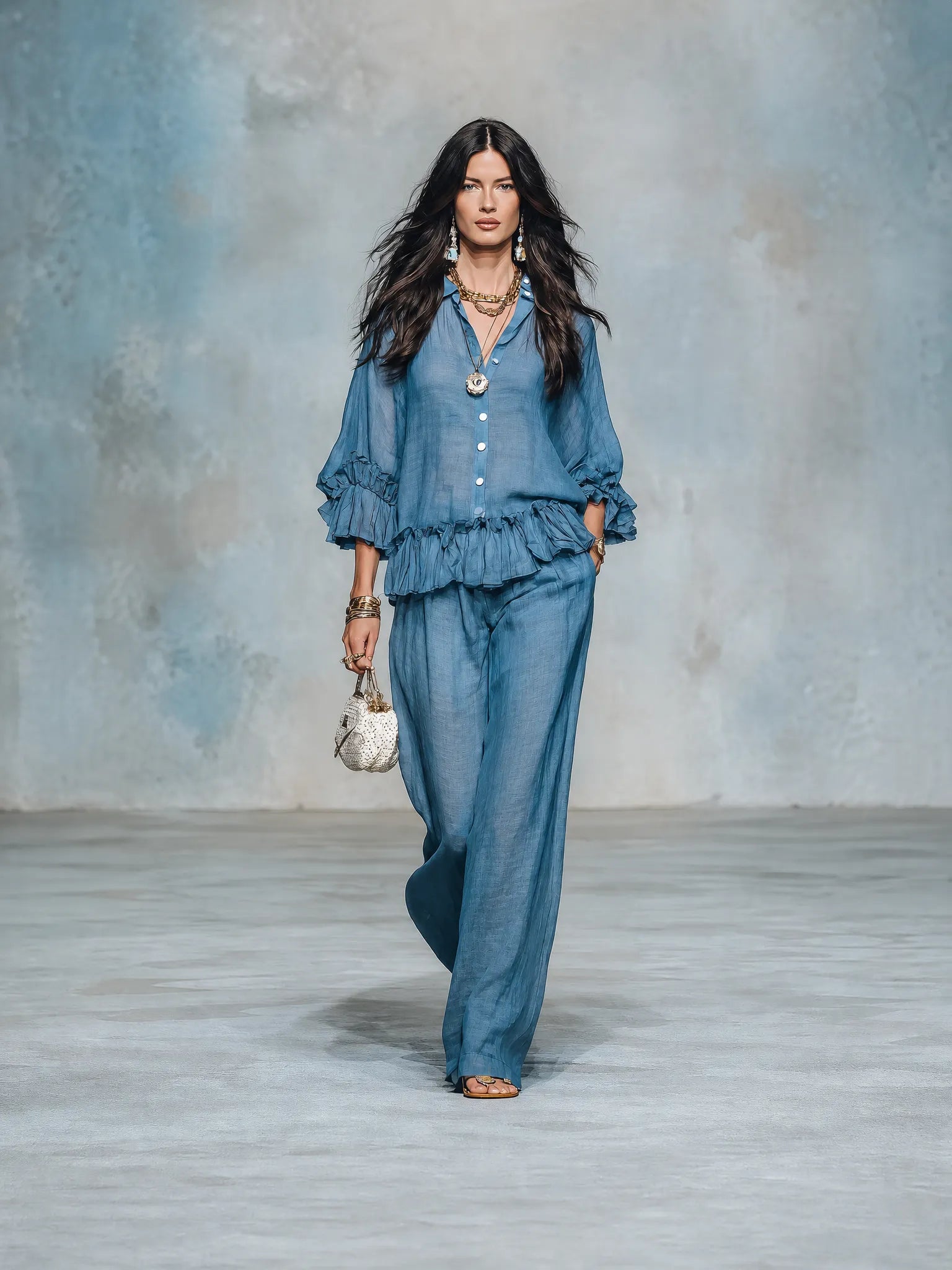 Women's Sheer Ruffle Blouse & Wide Leg Pants Two-Piece Set