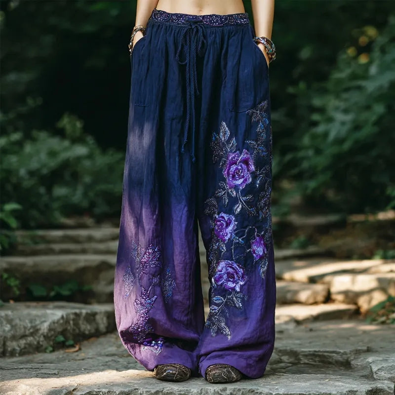 Vintage Purple Roses Embroidered Gradient Linen Trousers