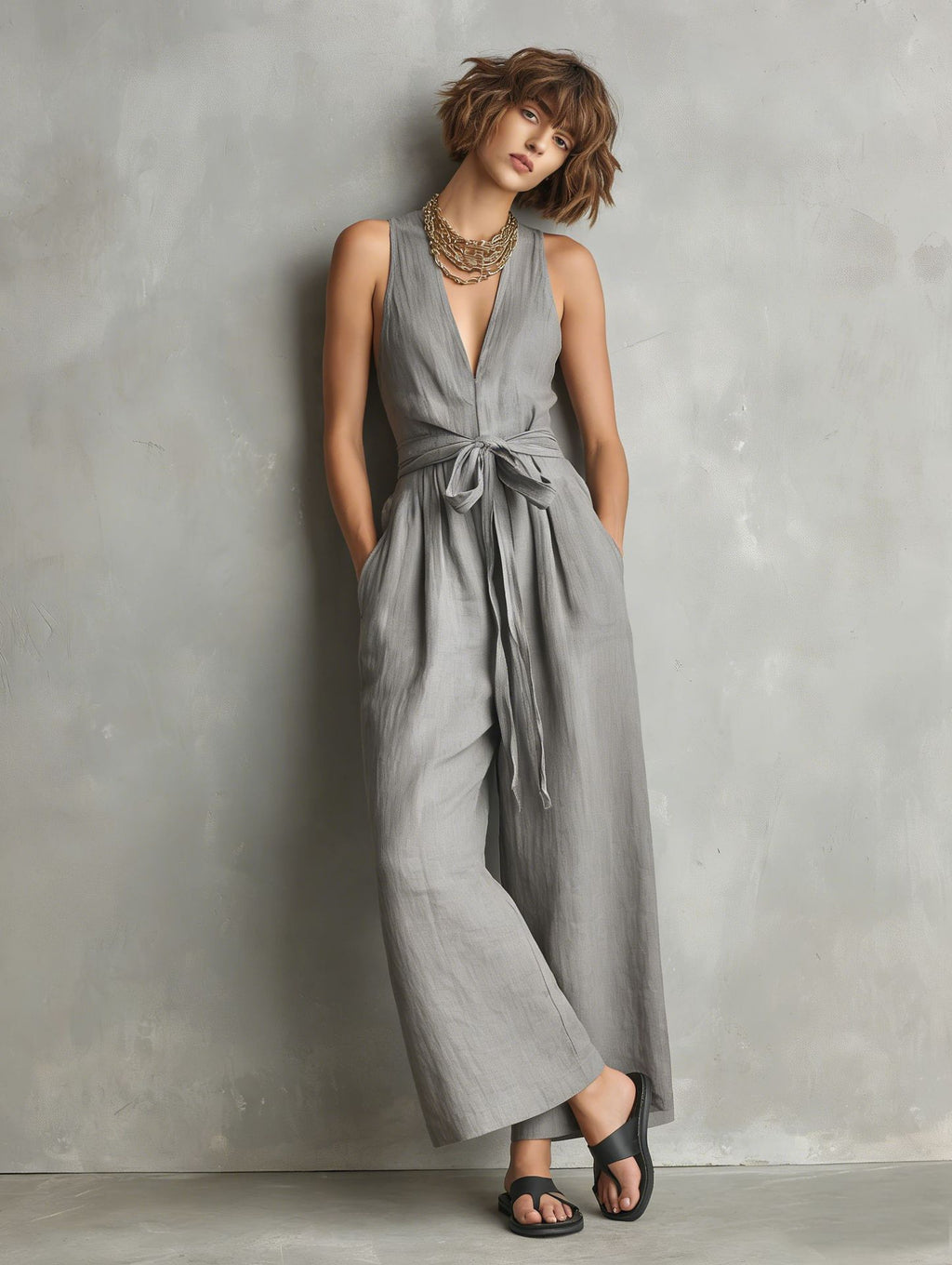 Gurtons Elegant Waist-Knot Jumpsuit - Sleeveless Wide-Leg One-Piece Quiet Luxury Set