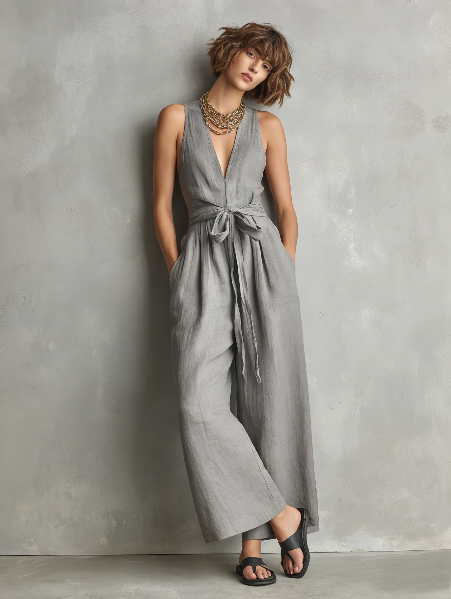 Gurtons Elegant Waist-Knot Jumpsuit - Sleeveless Wide-Leg One-Piece Quiet Luxury Set