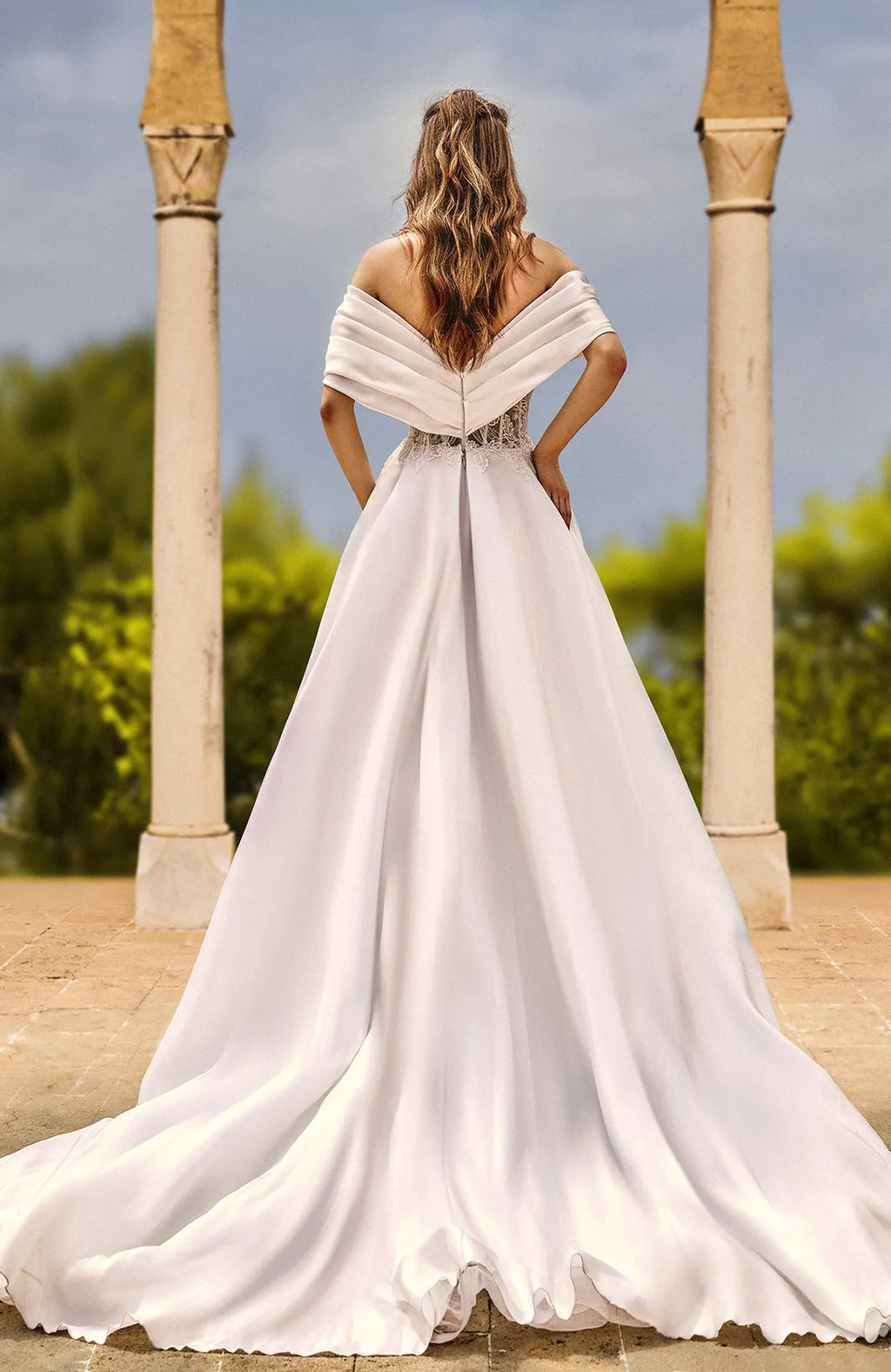 Off shoulder wedding gown with chantilly lace