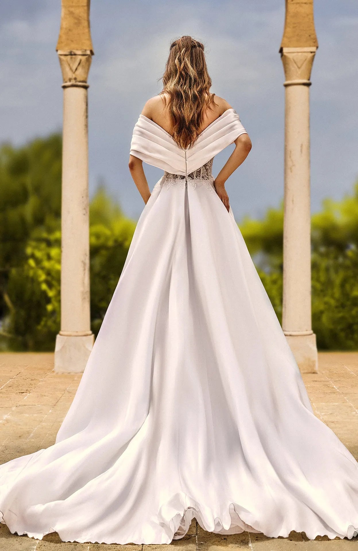 Off shoulder wedding gown with chantilly lace