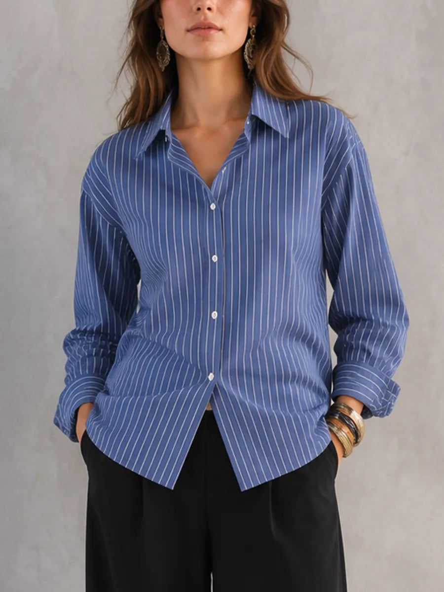 Striped Contrast Color Buttoned Bandage Long Sleeves Lapel Blouses&shirts Tops