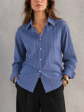 Striped Contrast Color Buttoned Bandage Long Sleeves Lapel Blouses&shirts Tops