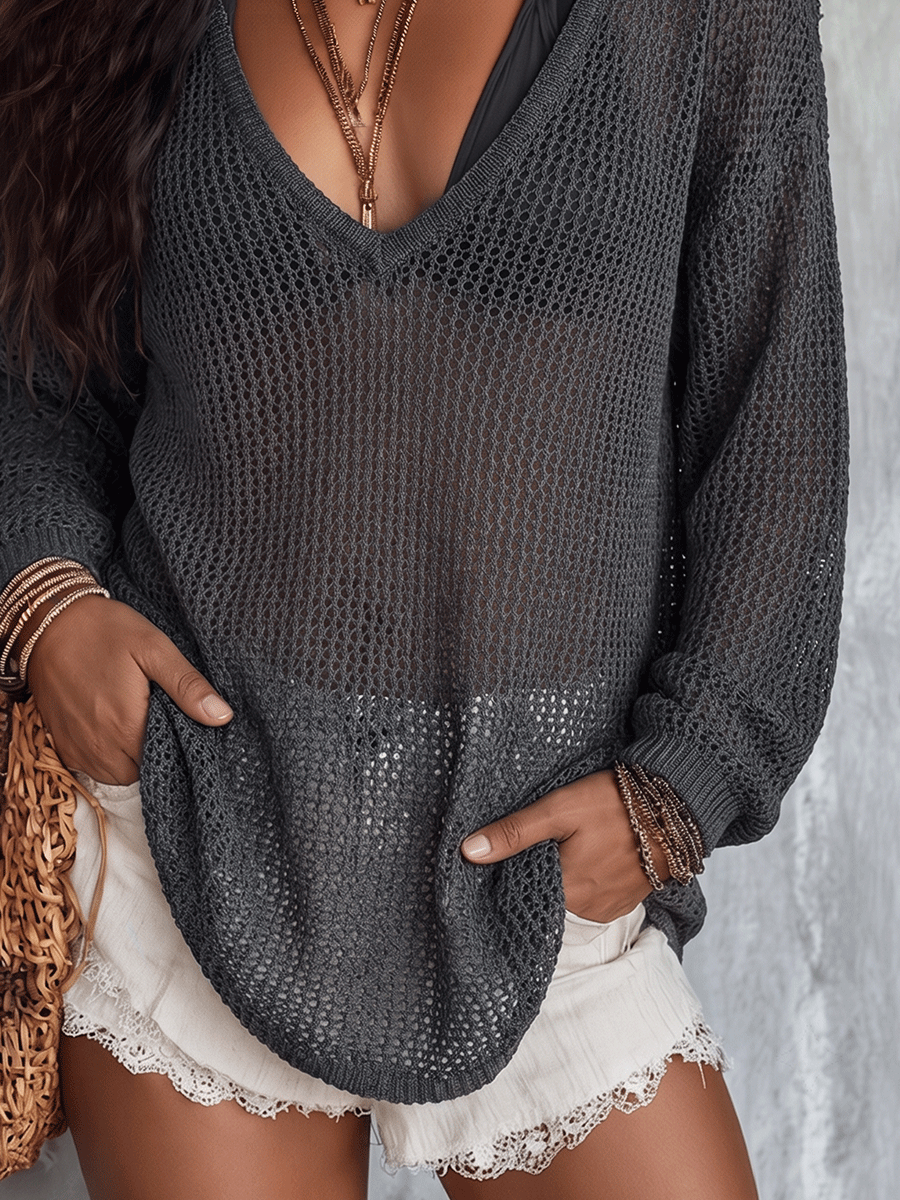 Elegant Lightweight Vacation Smoke Grey Knit Blouse