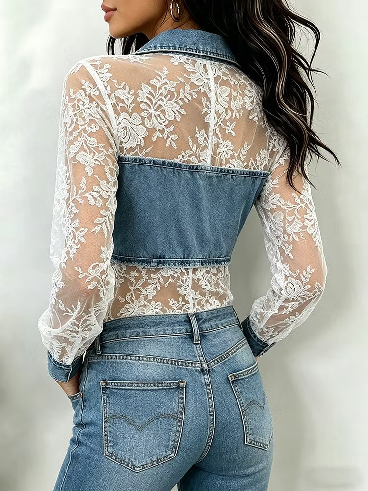 Stylish & Sexy Spliced denim And Lace Shirt