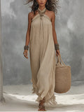 Elegant Beige Crisscross Halter Wide-Leg Maxi Dress