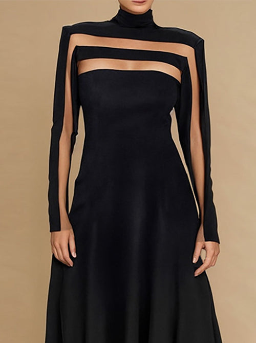 A-Line Long Sleeves Split-Joint High Neck Maxi Dresses